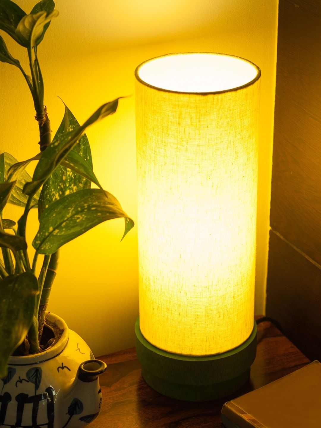 ExclusiveLane Cream-Coloured 14 Inch Wooden Green Column Table Lamp with Shade Price in India