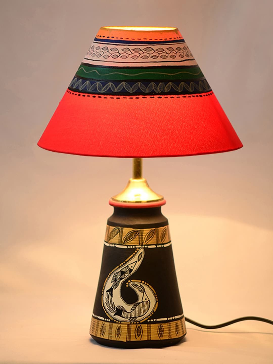ExclusiveLane Red Hand-Painted Frustum Terracotta Table Lamp Price in India
