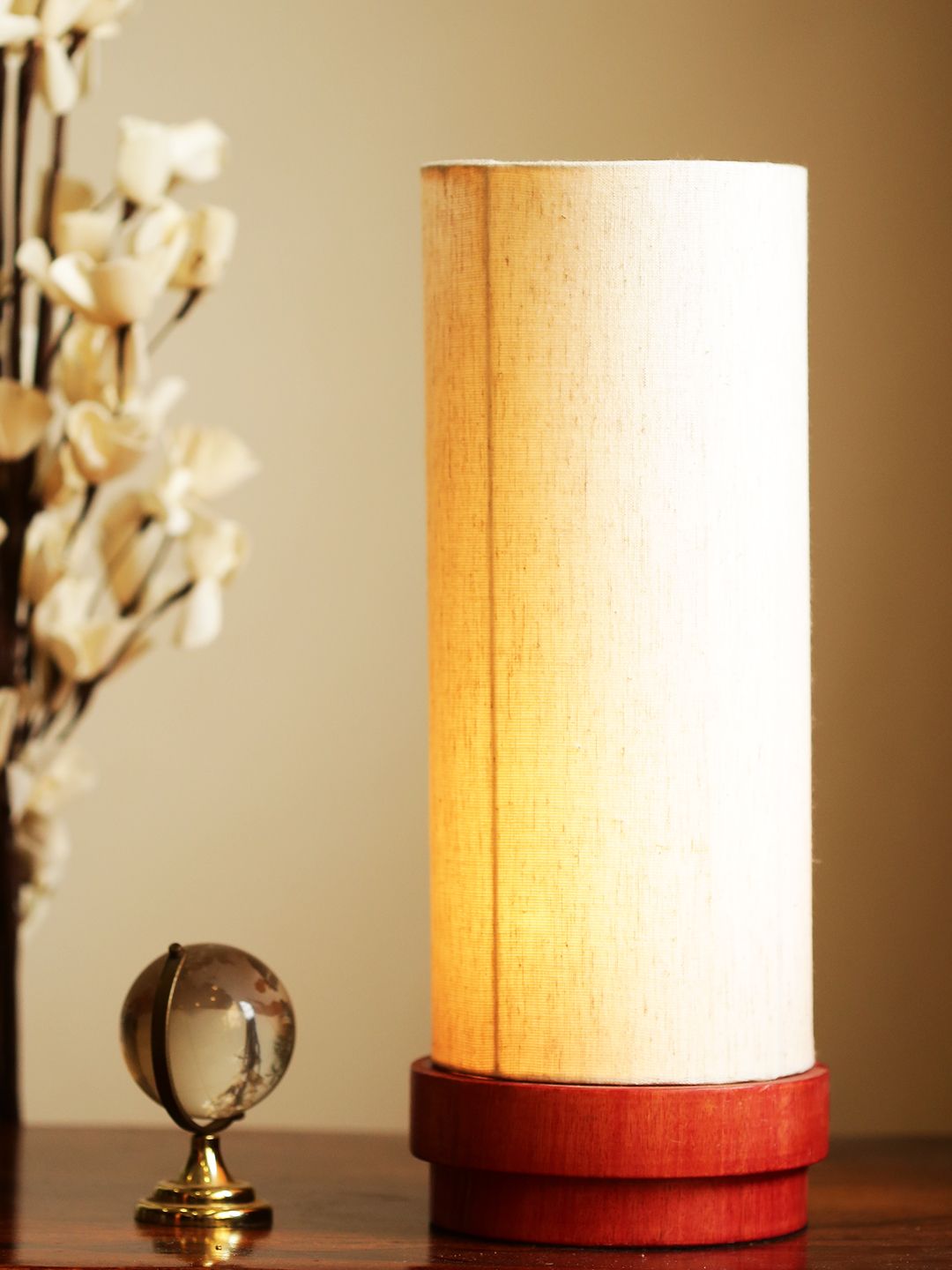 ExclusiveLane Cream-Coloured & Maroon 14 Inch Wooden Column Table Lamp with Shade Price in India