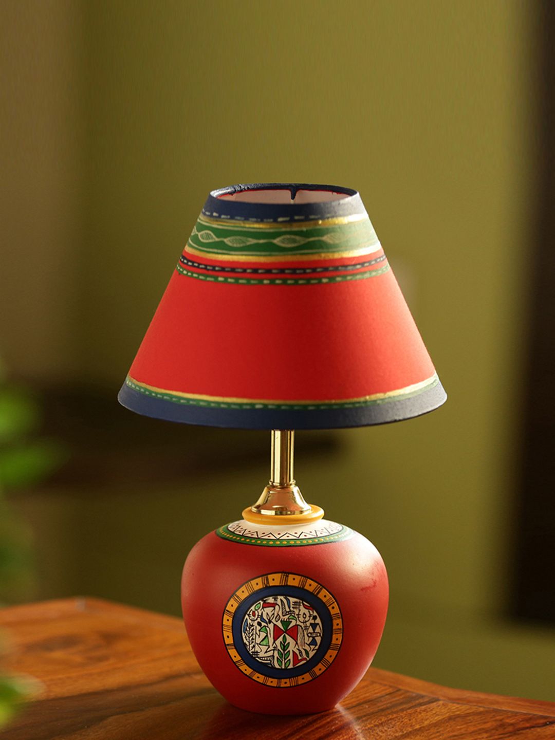 ExclusiveLane Red  13 Inch Terracotta Handpainted Terracotta Table Lamp with Shade Price in India