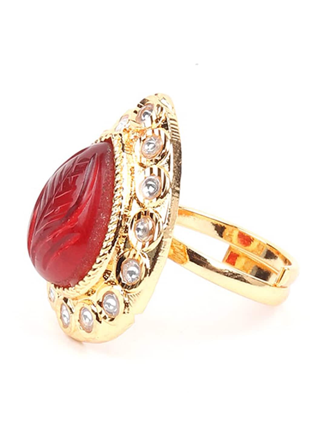 ODETTE Gold-Toned & Red Stone-Studded Adjustable Ring Price in India