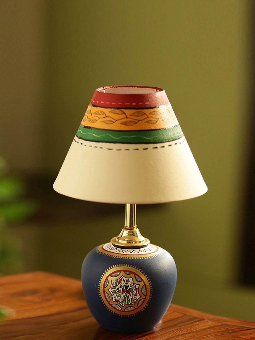 ExclusiveLane Blue 13 Inch Terracotta Handpainted Table Lamp with Shade Price in India