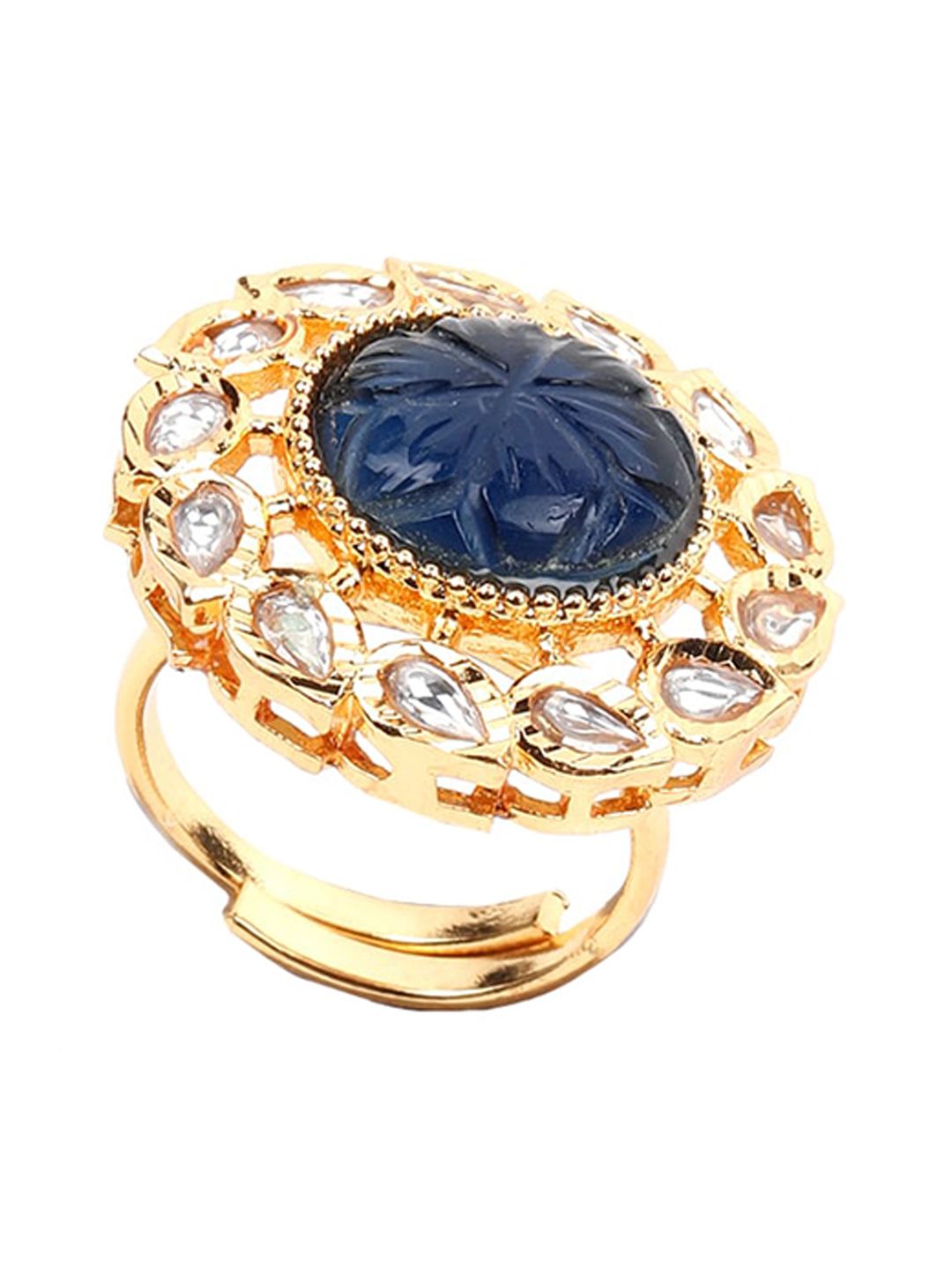 ODETTE Gold-Toned Blue & White Stone Studded Finger Ring Price in India