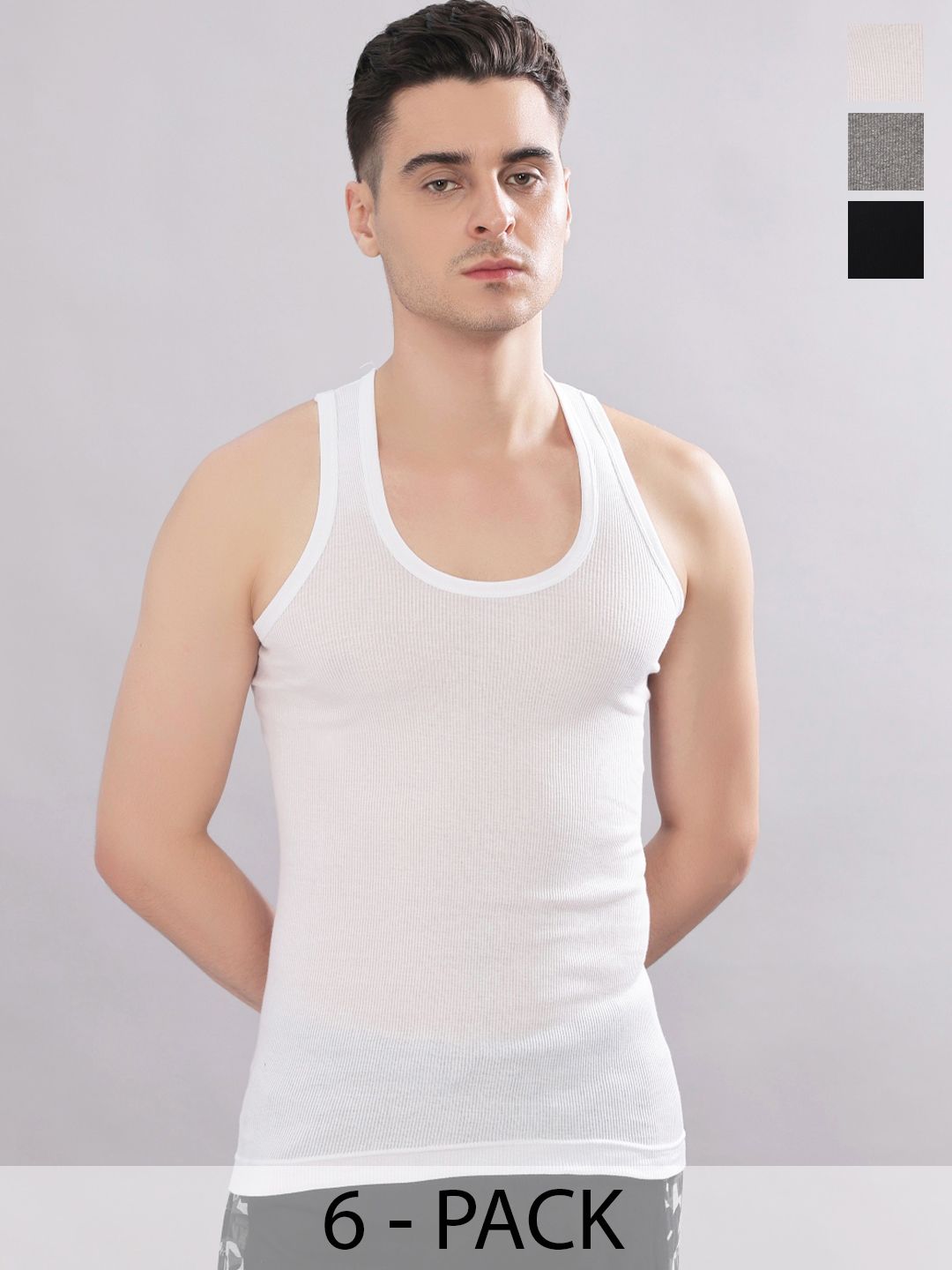 Dollar Bigboss Men Solid Pack of 6 Cotton Stretch Rib Regular Fit Casual Vest