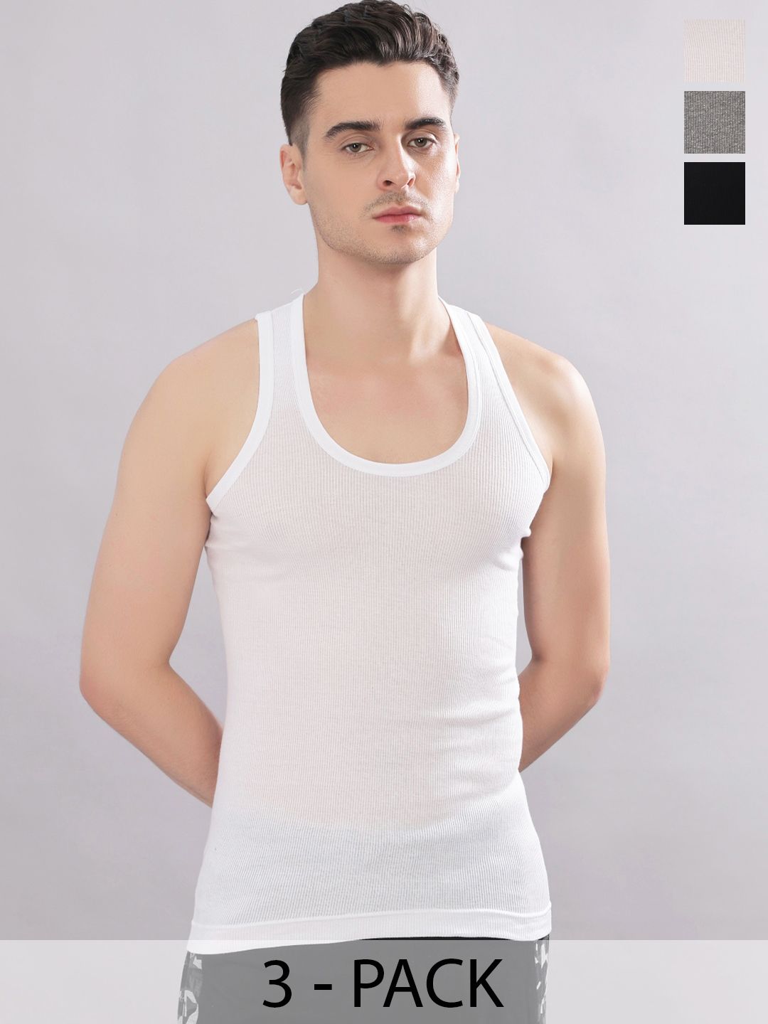 Dollar Bigboss Men Solid Pack of 3 Cotton Stretch Rib Regular Fit Casual Vest
