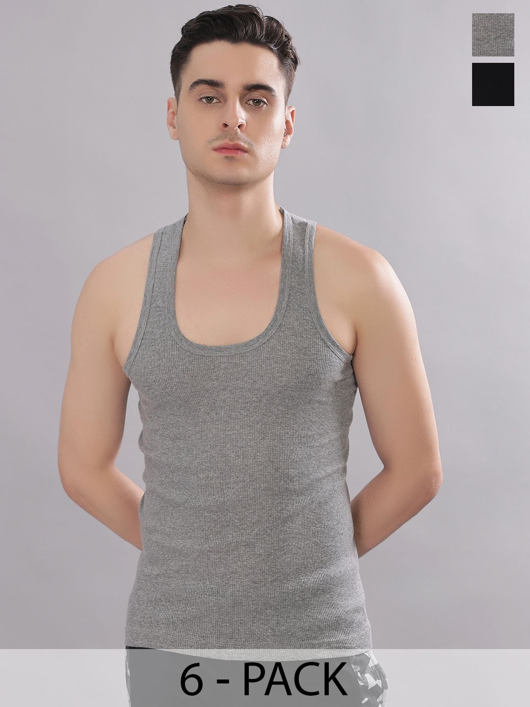 Dollar Bigboss Men Solid Pack of 6 Cotton Stretch Rib Regular Fit Casual Vest