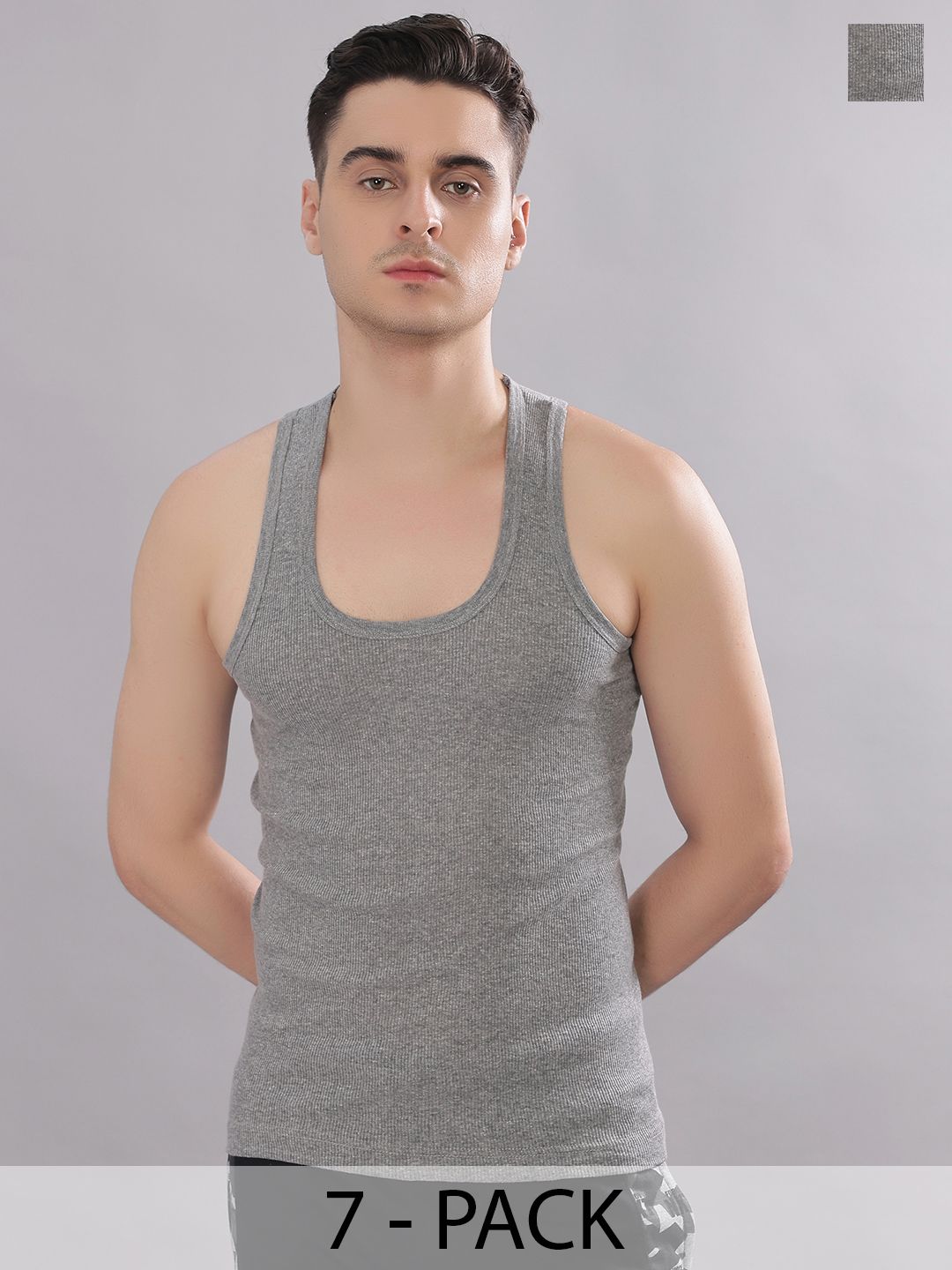 Dollar Bigboss Men Solid Pack of 7 Grey Cotton Stretch Rib Regular Fit Casual Vest
