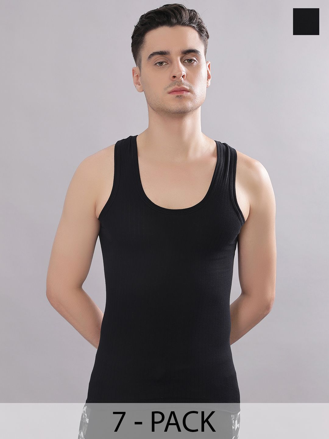 Dollar Bigboss Men Solid Pack of 7 Black Cotton Magic Rib Regular Fit Casual Vest