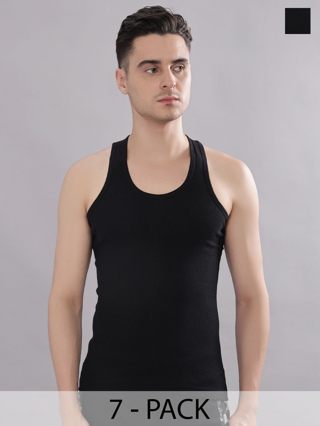 Dollar Bigboss Men Solid Pack of 7 Black Cotton Stretch Rib Regular Fit Casual Vest