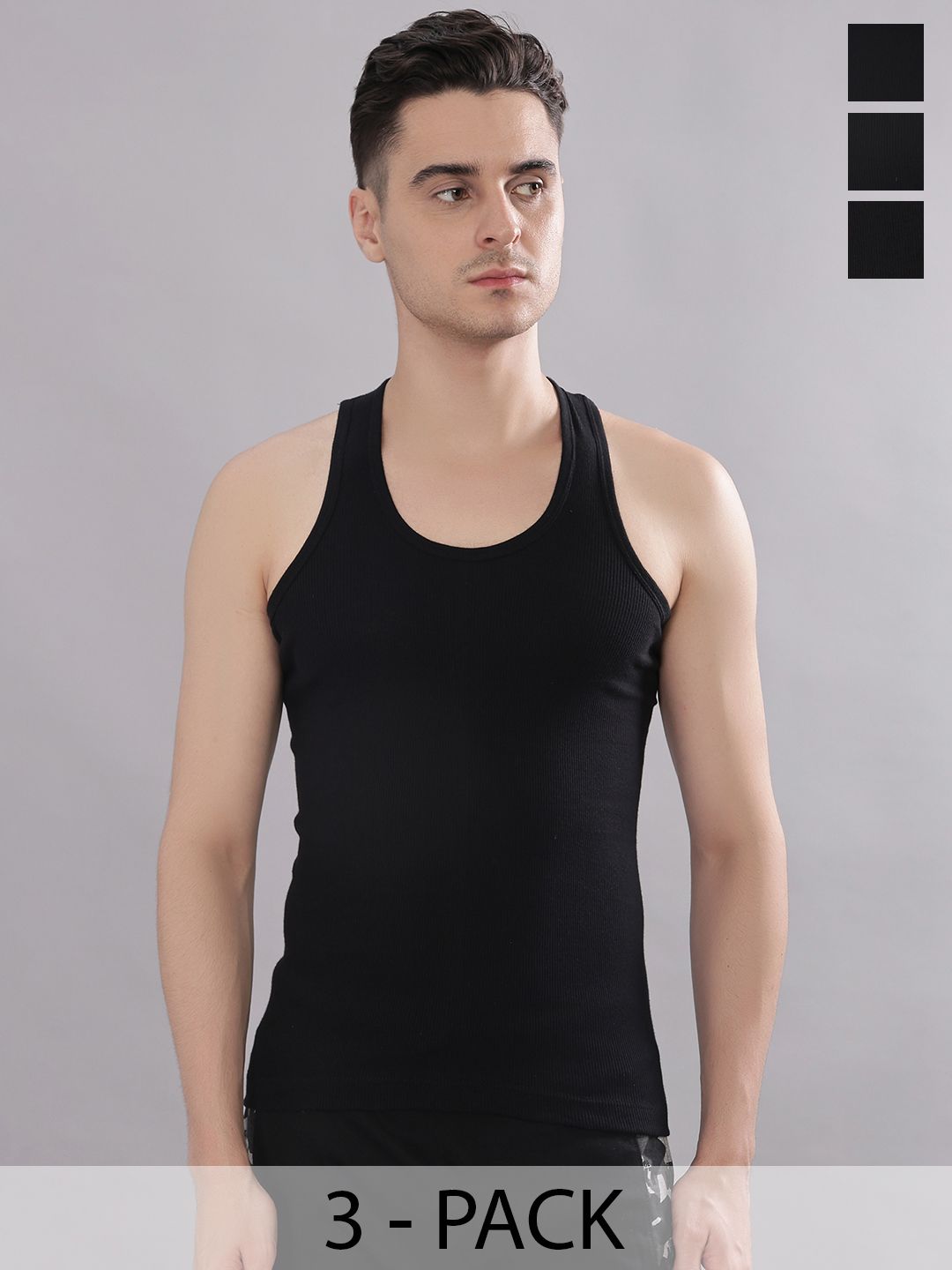 Dollar Bigboss Men Solid Pack of 3 Black Cotton Stretch Rib Regular Fit Casual Vest