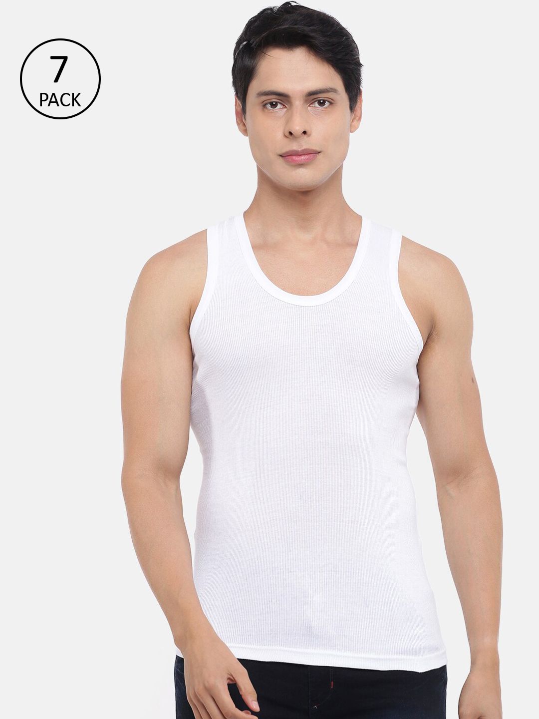 Dollar Bigboss Men Solid Pack of 7 White Cotton Stretch Rib Regular Fit Casual Vest