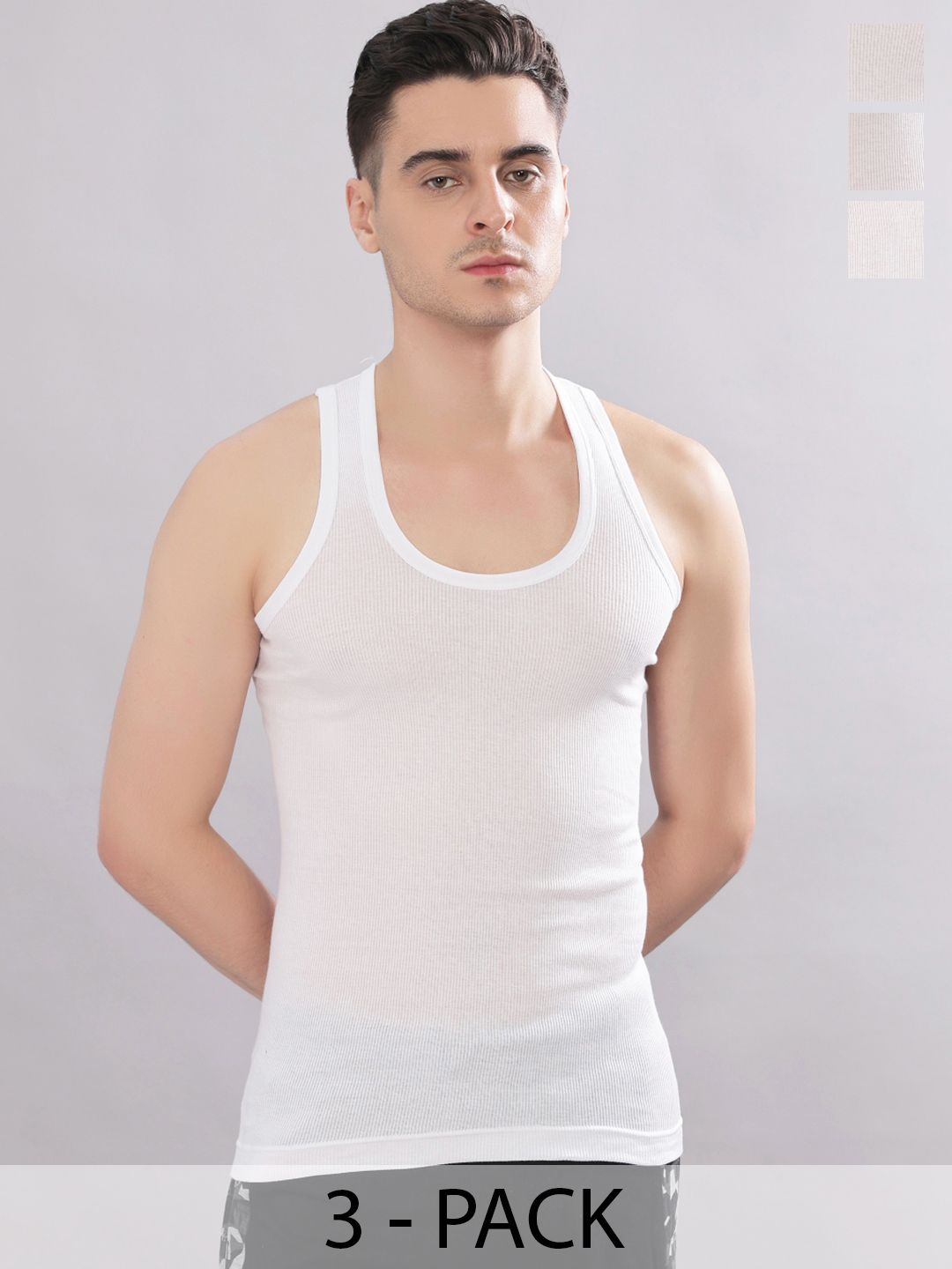 Dollar Bigboss Men Solid Pack of 3 White Cotton Stretch Rib Regular Fit Casual Vest