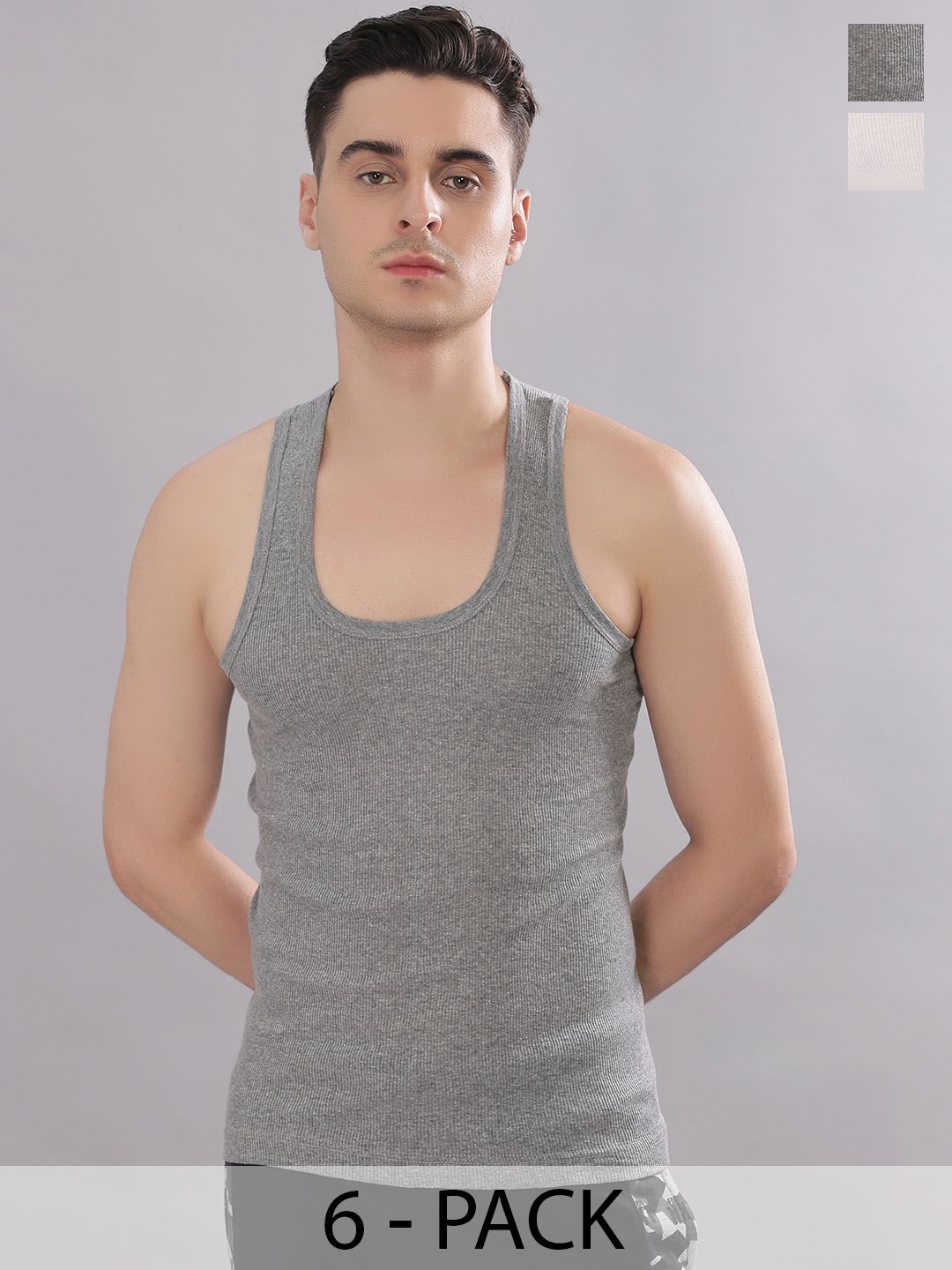 Dollar Bigboss Men Solid Pack of 6 Cotton Stretch Rib Regular Fit Casual Vest