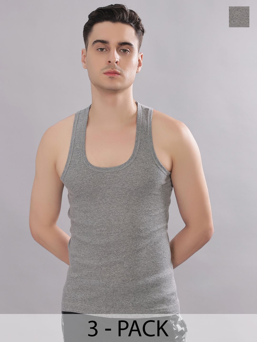 Dollar Bigboss Men Solid Pack of 3 Grey Cotton Stretch Rib Regular Fit Casual Vest