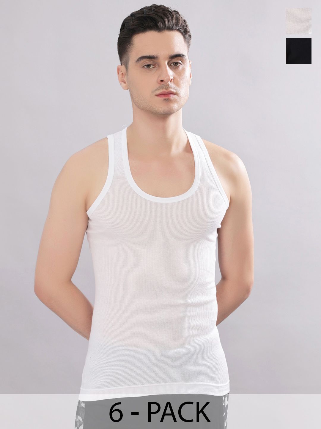 Dollar Bigboss Men Solid Pack of 6 Cotton Stretch Rib Regular Fit Casual Vest