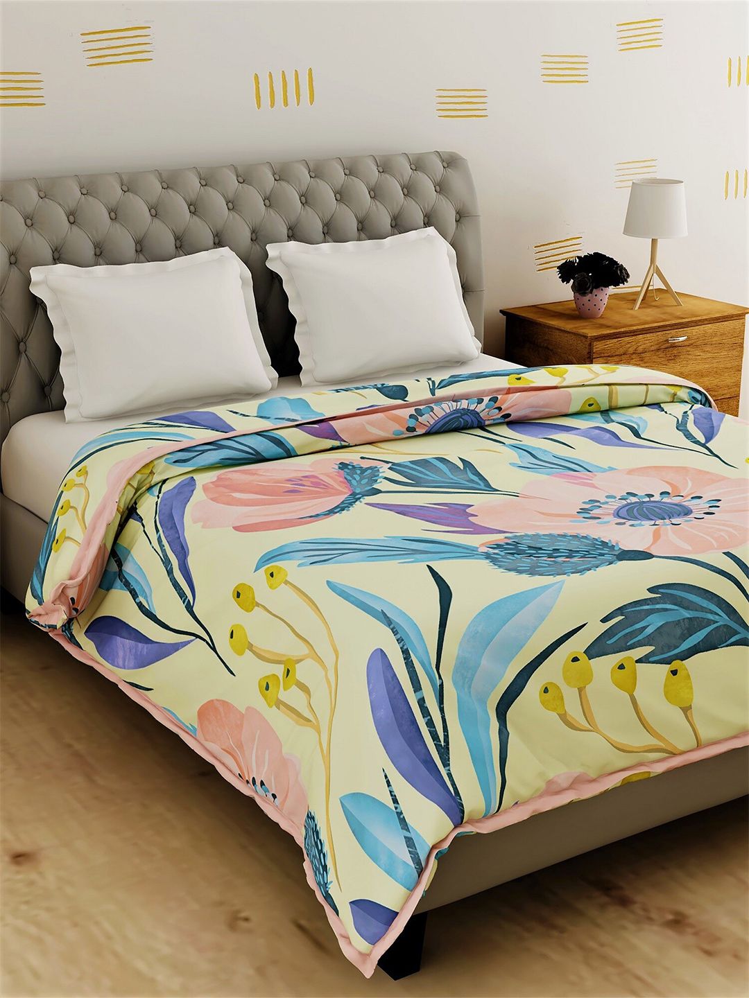 Salona Bichona Yellow & Blue Floral Printed AC Room 120 GSM Double Bed Dohar Price in India