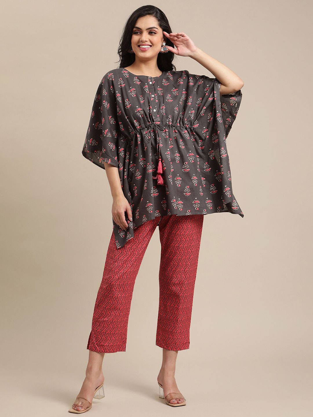 Varanga Women Grey & Maroon Printed Tunic with Trousers