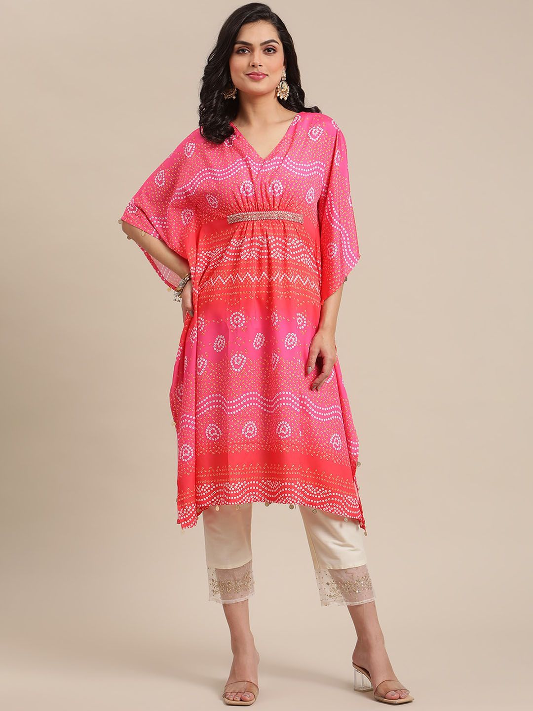 Varanga Women Pink Bandhani Printed Pleated Kurta with Trousers Price in India