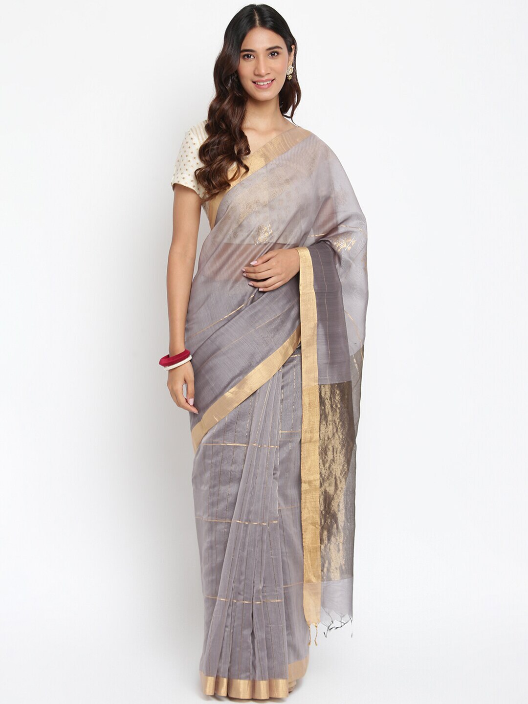 Fabindia Grey & Gold-Coloured Checked Zari Chanderi Saree Price in India
