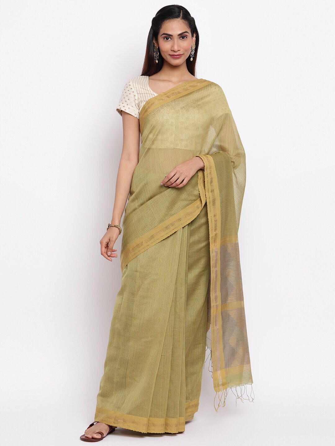 Fabindia Olive Green & Beige Striped Zari Jamdani Saree Price in India