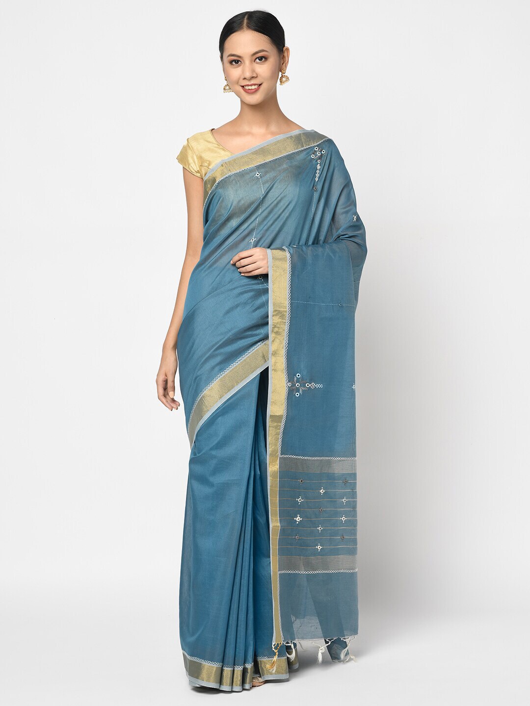 Fabindia Blue & Gold-Toned Floral Embroidery Mirror Work Saree Price in India