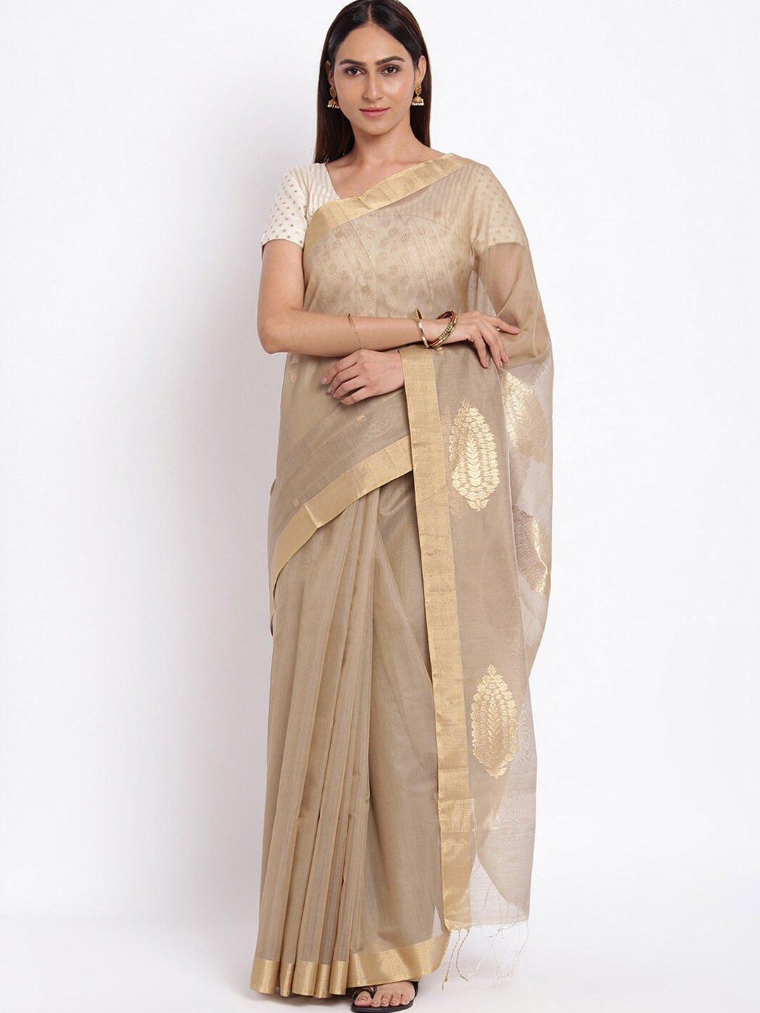 Fabindia Beige & Gold-Toned Woven Design Chanderi Saree Price in India