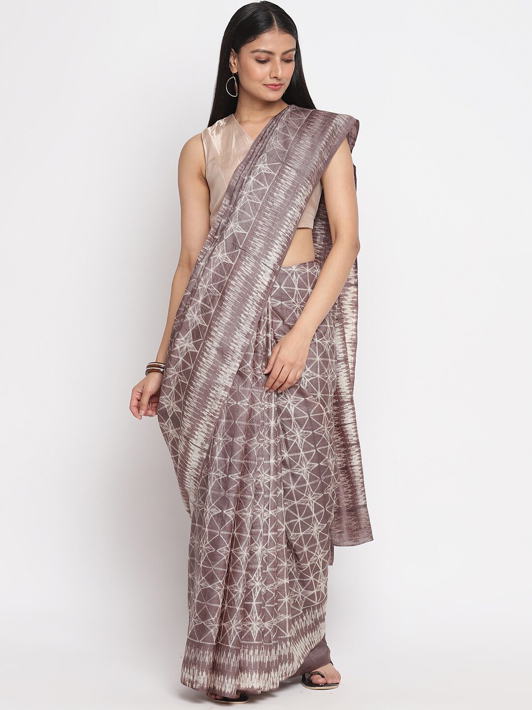 Fabindia Grey & Off White Geometric Printed Tussar Silk Saree Price in India