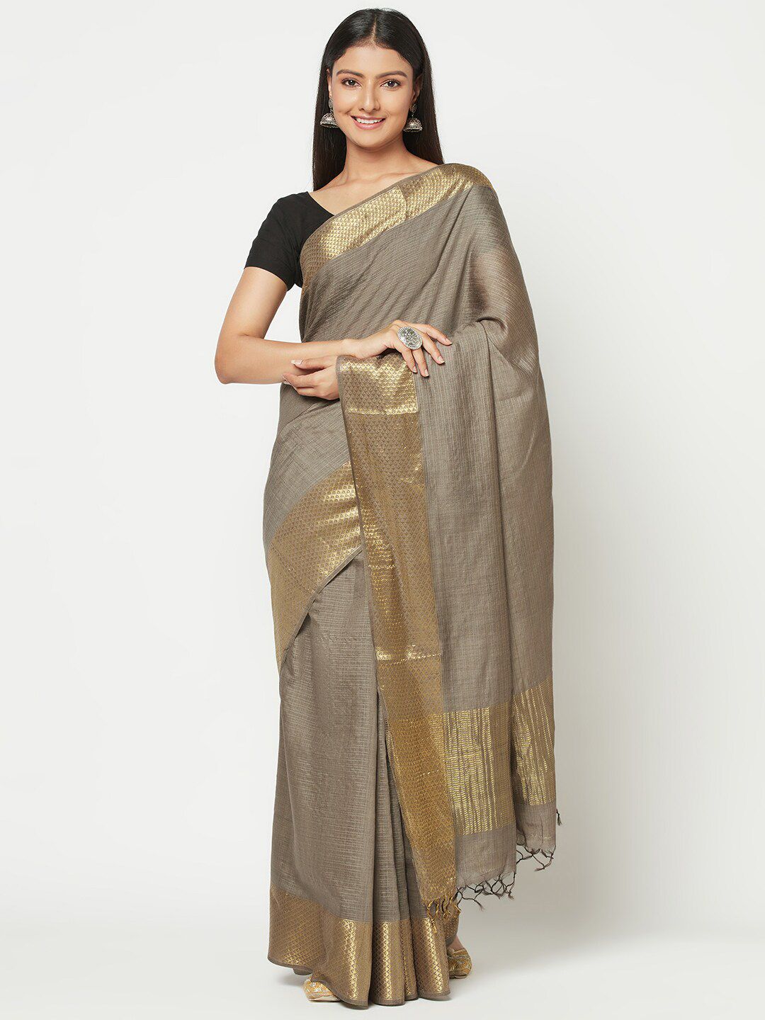 Fabindia Woman Grey & Gold-Toned Silk Tussar Saree Price in India