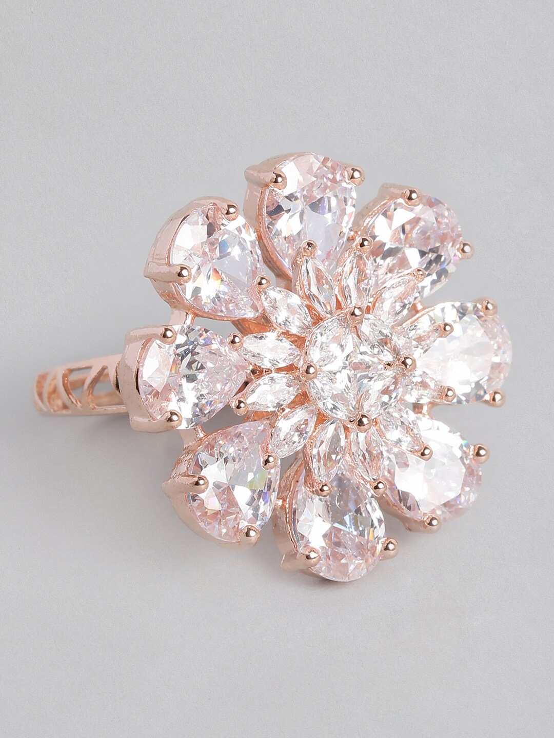 Peora Women Rose Gold-Plated American Diamond CZ Studded Crystal Floral Ring Price in India