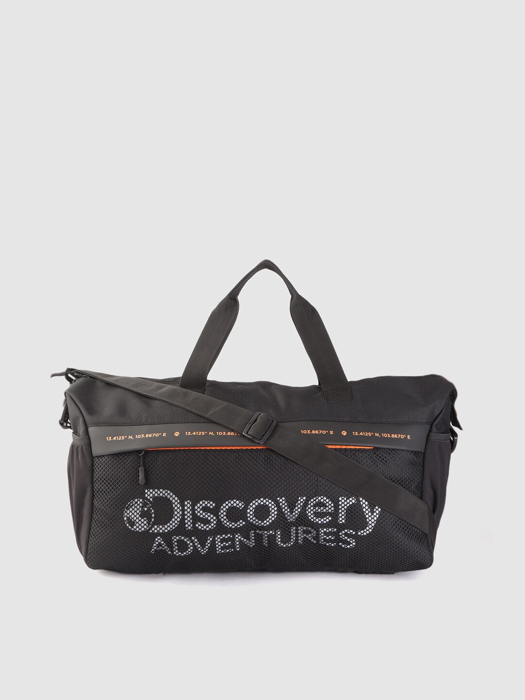 The Roadster Lifestyle Co x Discovery Adventures Unisex Black & Grey Brand Logo Print Duffel Bag Price in India
