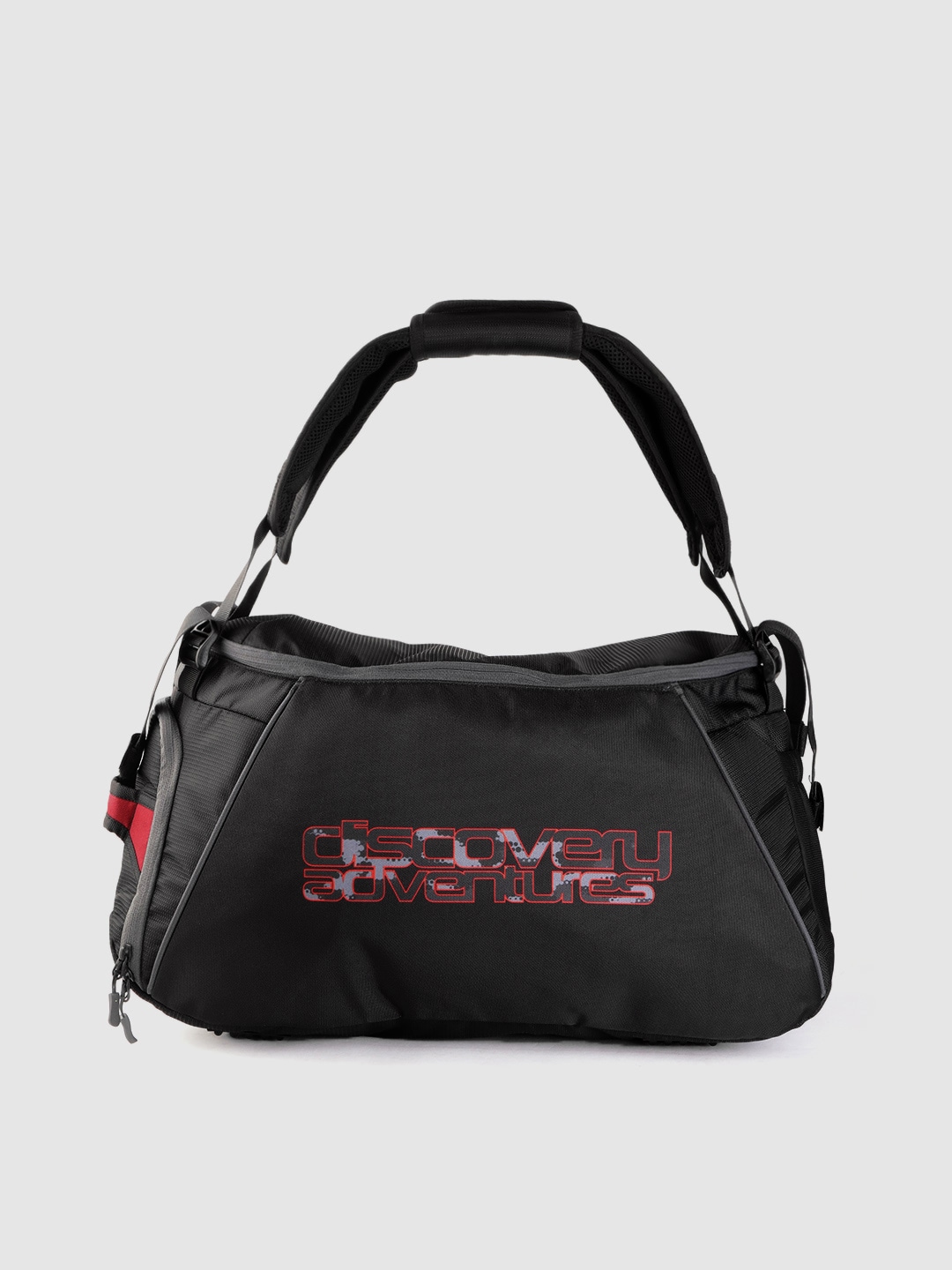 The Roadster Lifestyle Co x Discovery Adventures Unisex Black & Red Brand Logo Print Duffel Bag Price in India
