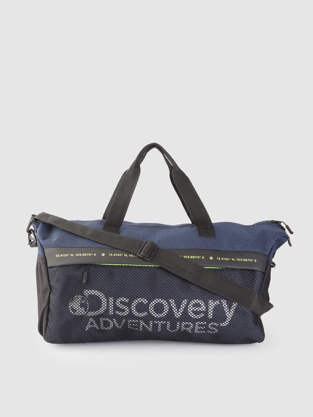 The Roadster Lifestyle Co x Discovery Adventures Unisex Navy & Grey Brand Logo Print Duffel Bag Price in India