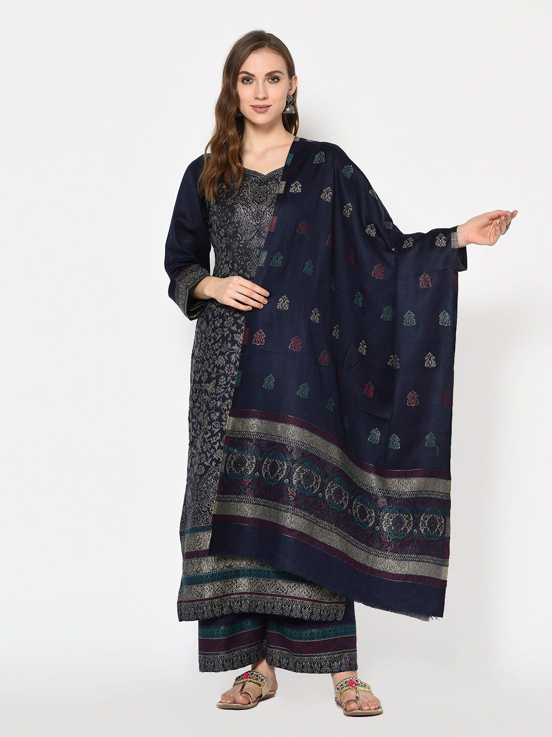 Safaa Navy Blue & Gold-Toned Printed Viscose Rayon Unstitched Dress Material Price in India