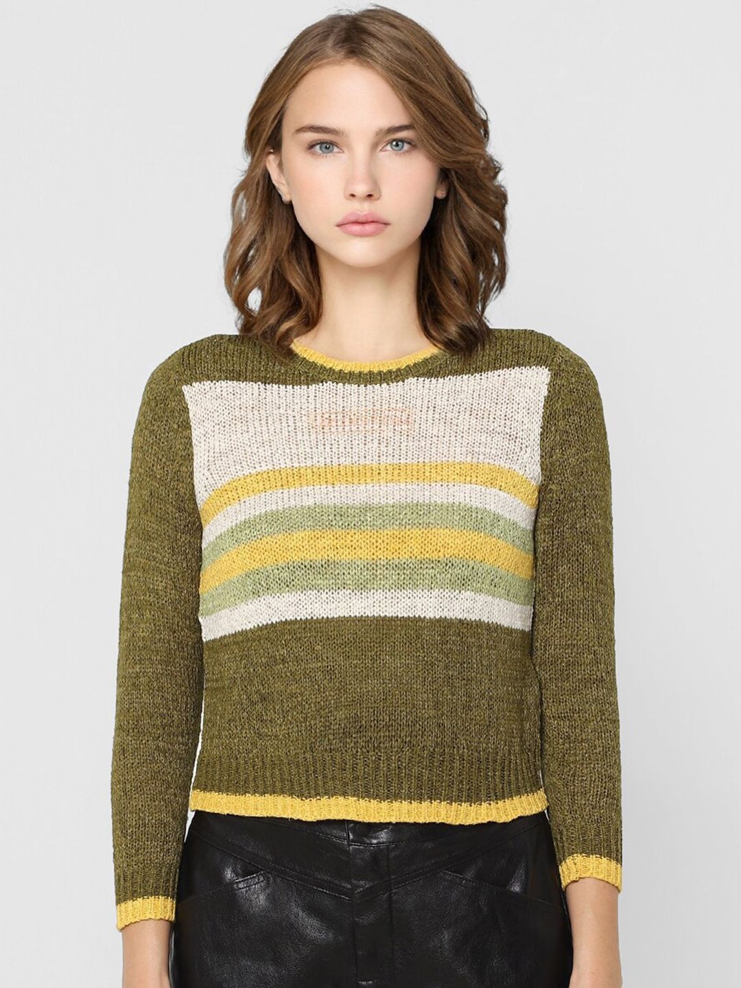 ONLY Women Green & Yellow Colourblocked Pullover Sweaters Price in India