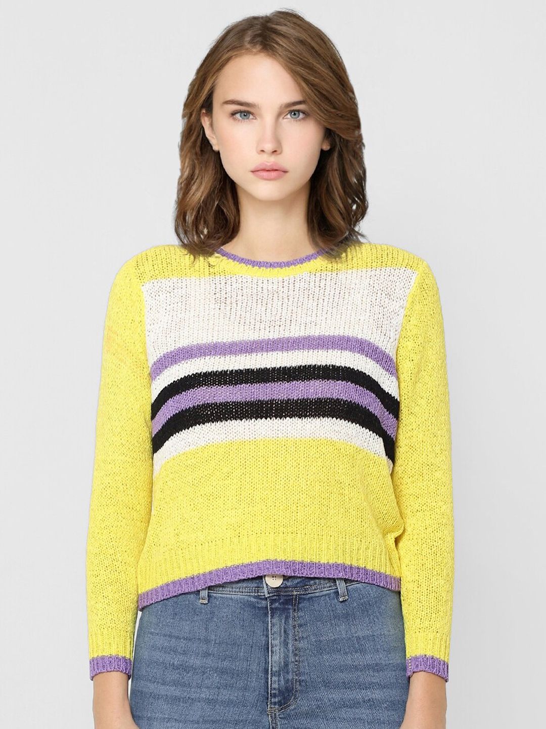 ONLY Women Yellow & Black Striped Colourblocked Crop Pullover Price in India