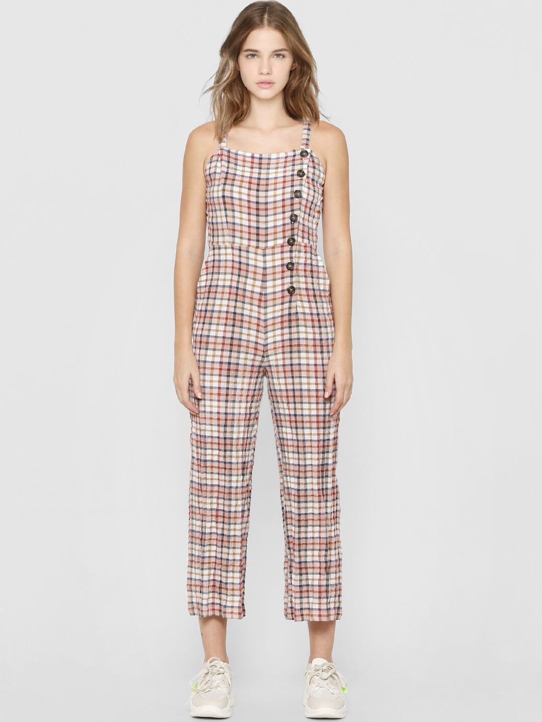 ONLY Women Beige & White Checked Basic Jumpsuit Price in India