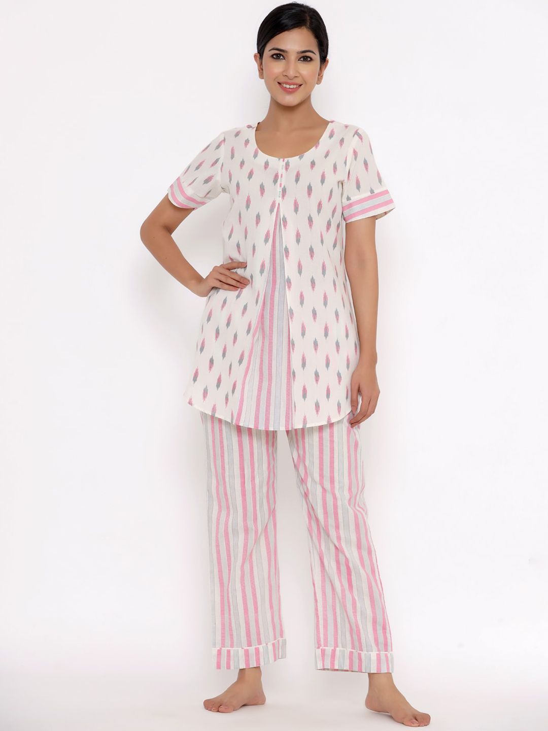 Indian Virasat Women Cream-Coloured & Pink Printed Pure Cotton Night suit Price in India
