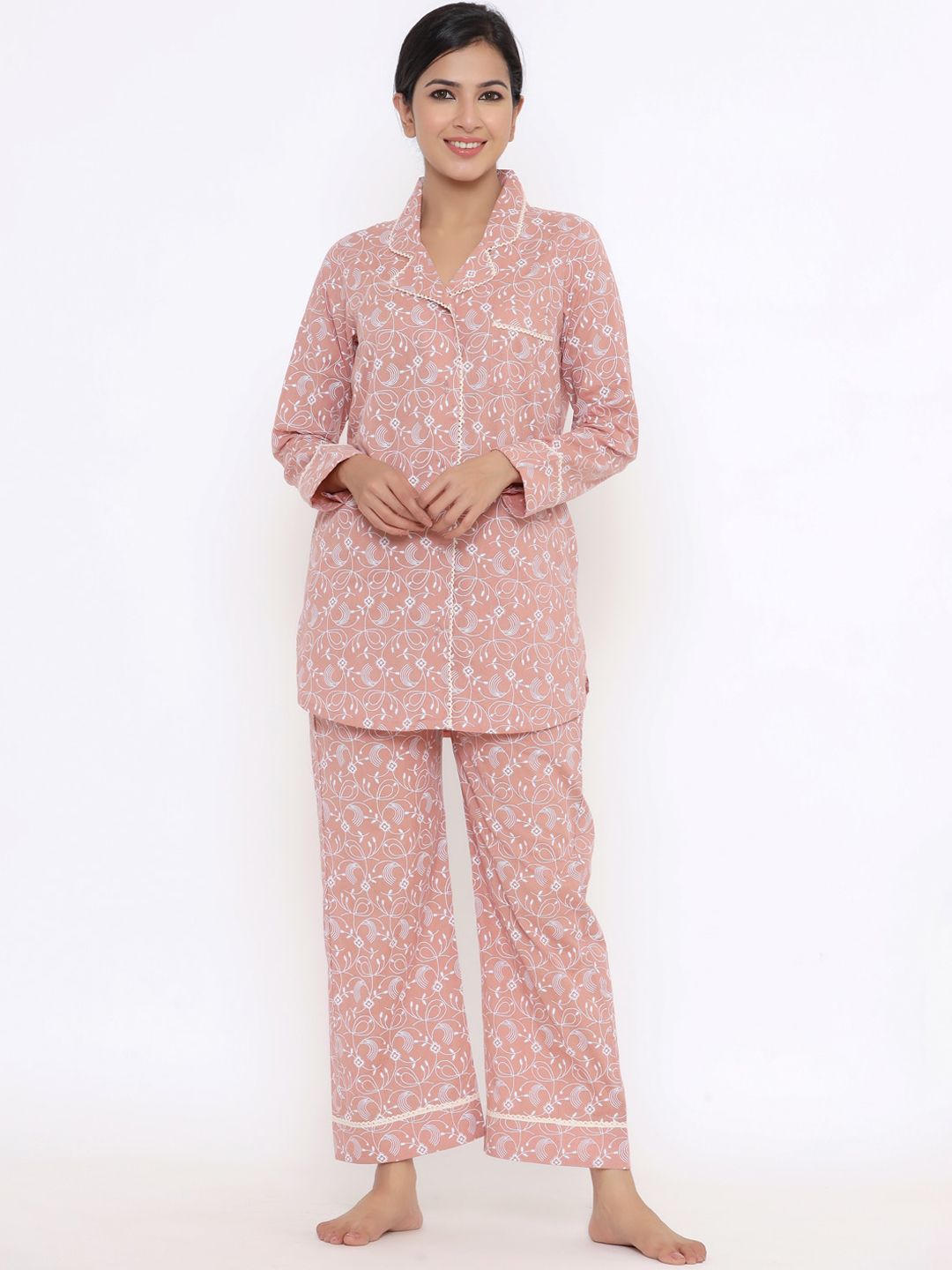 Indian Virasat Women Peach & White Ethnic Motifs Printed Night Suit Price in India