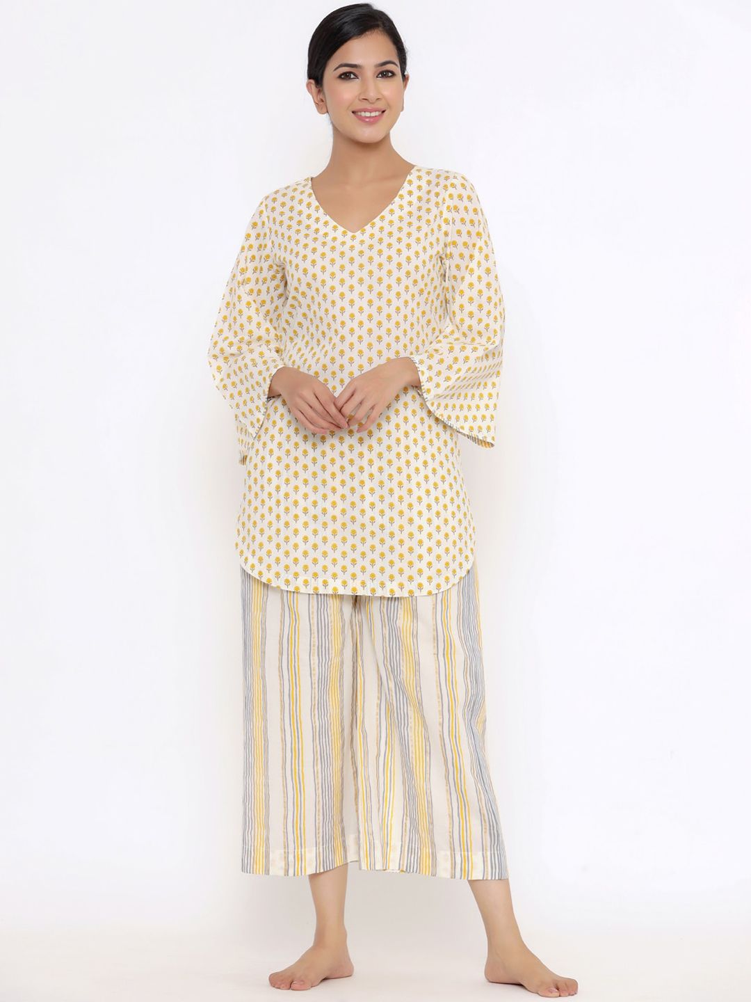 Indian Virasat Women Cream-Coloured & Yellow Printed Night suit Price in India