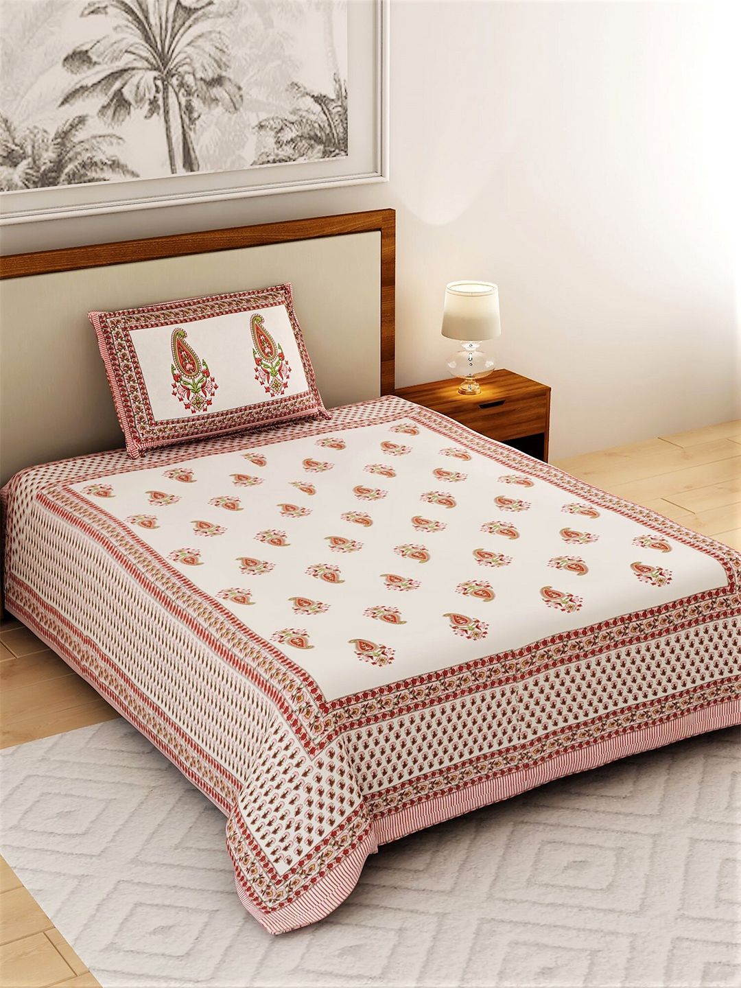 Salona Bichona White & Red Ethnic Motifs 120 TC Single Bedsheet with 1 Pillow Covers Price in India