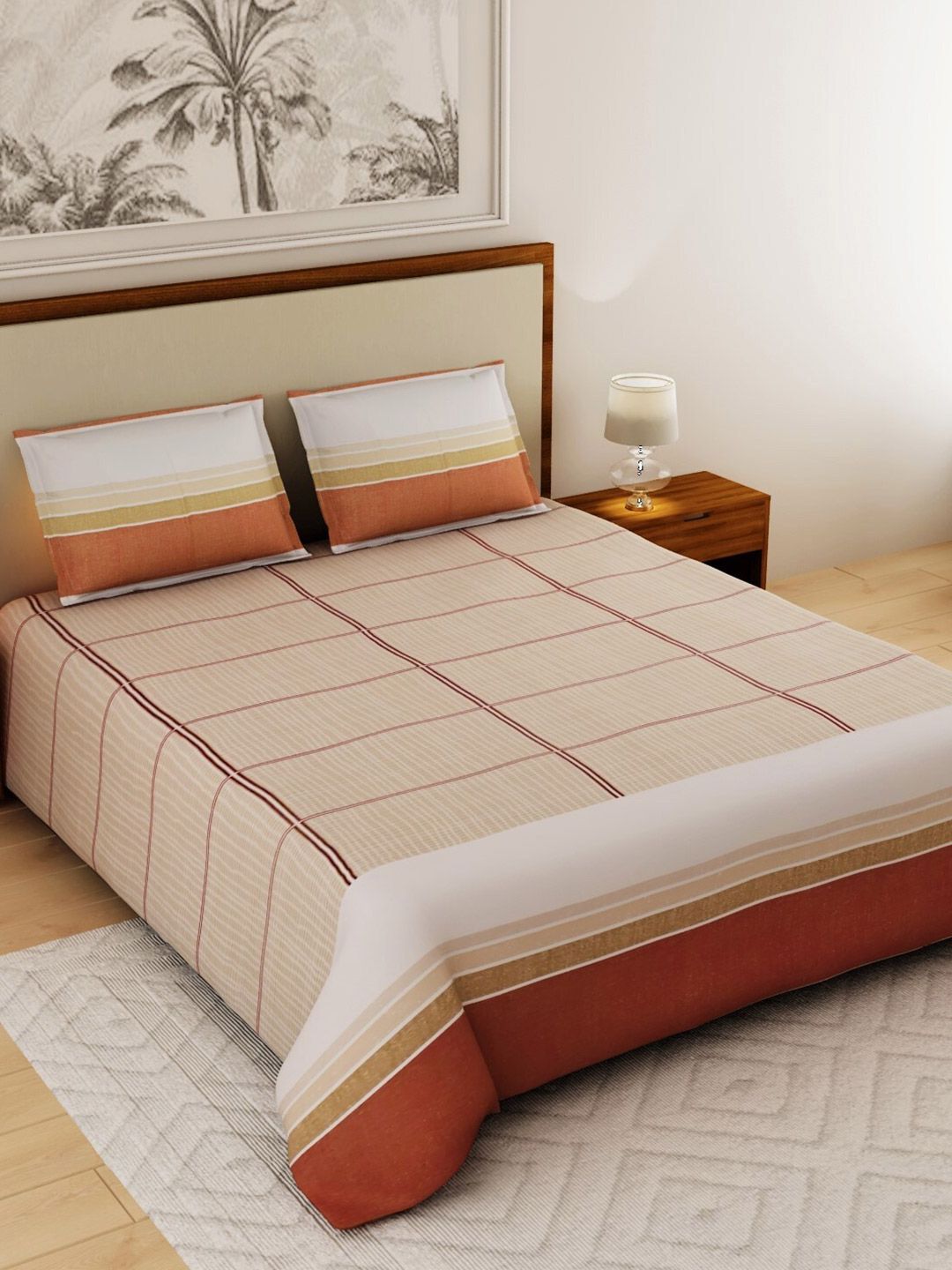 Salona Bichona Brown & Beige Geometric 180 TC Pure Cotton King Bedsheet Set Price in India