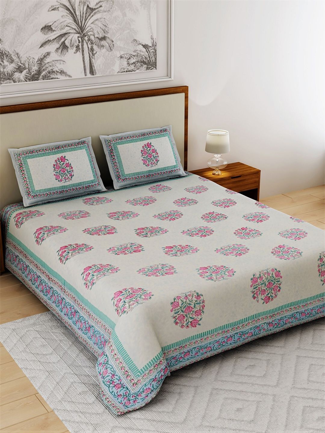 Salona Bichona White & Pink Printed Pure Cotton 120 TC King Bedsheet with 2 Pillow Covers Price in India