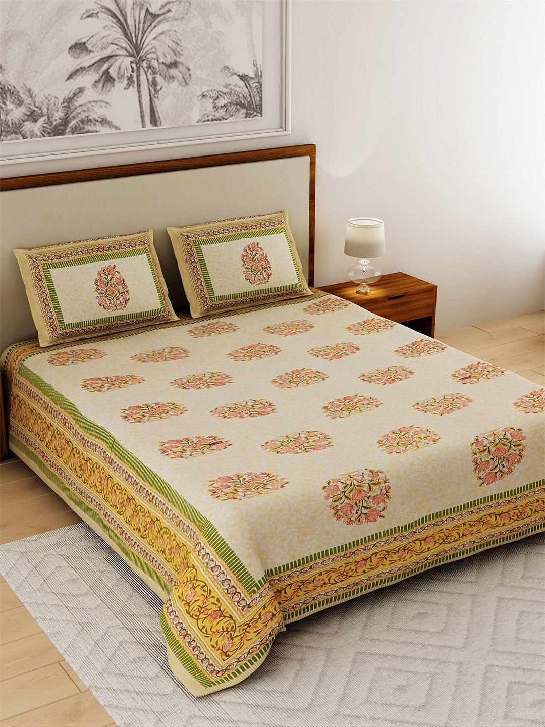 Salona Bichona Peach-Coloured & Green Ethnic Motifs 120 TC King Bedsheet with 2 Pillow Covers Price in India