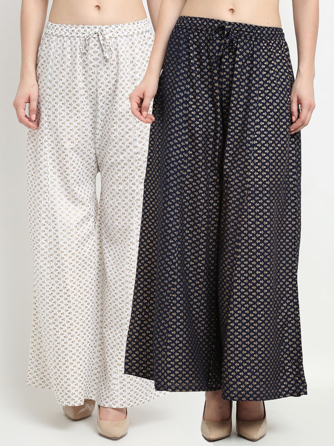 GRACIT Women White & Navy Blue 2 Ethnic Motifs Printed Flared Knitted Palazzos
