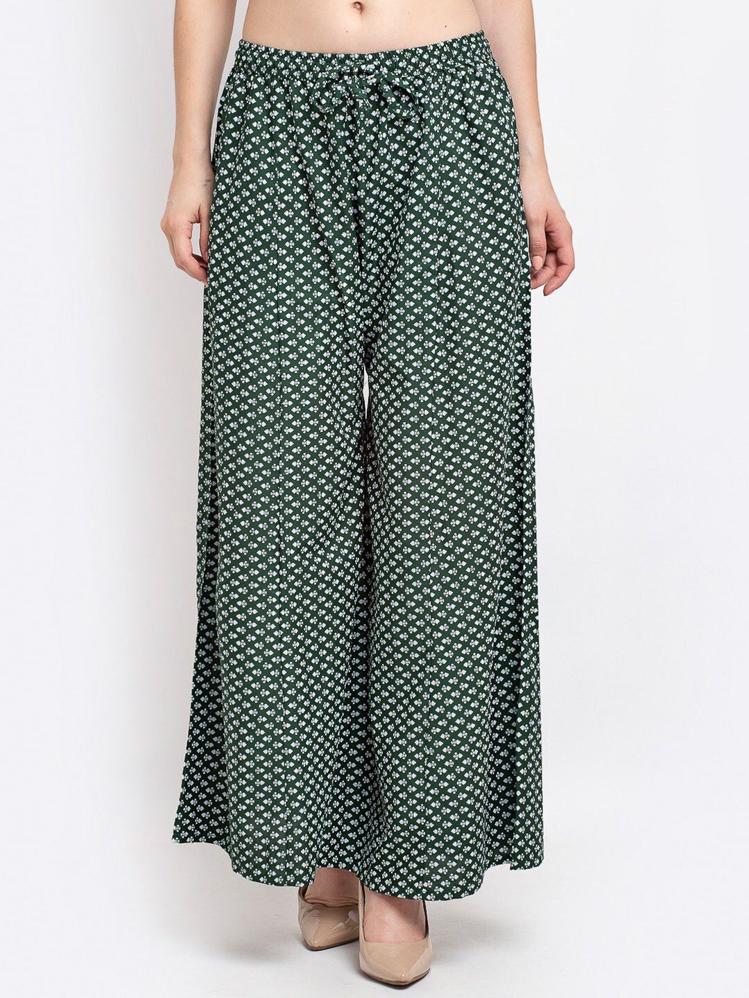 GRACIT Women Green & White Printed Flared Knitted Ethnic Palazzos Price in India