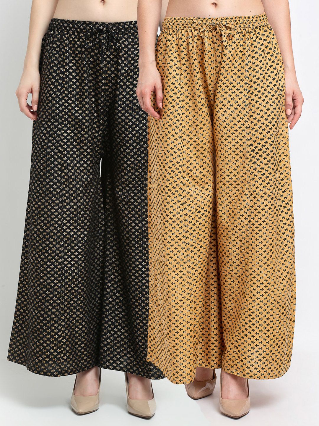 GRACIT Women Pack Of 2 Black & Beige Printed Flared Knitted Ethnic Palazzos Price in India