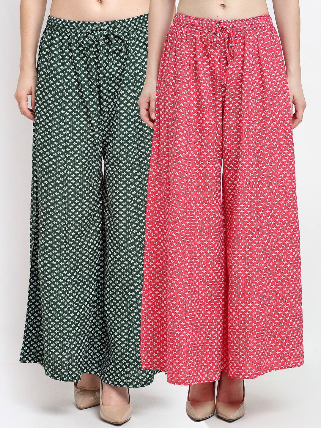 GRACIT Women Pack Of 2 Green & Pink Printed Flared Knitted Ethnic Palazzos Price in India