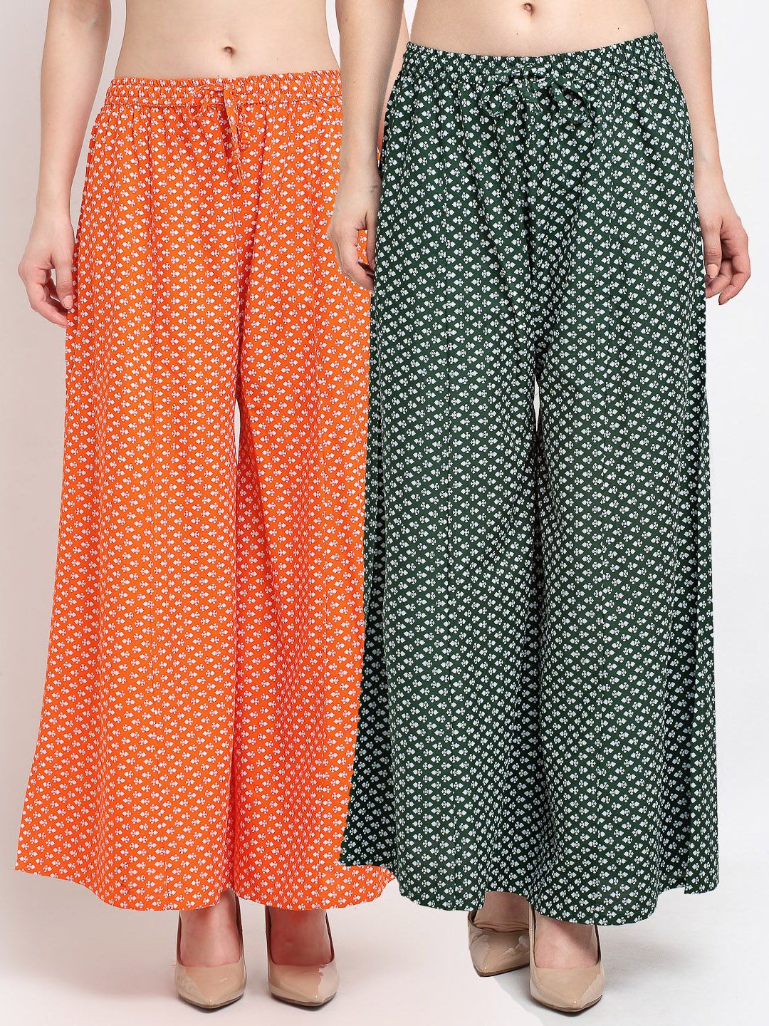 GRACIT Women Orange & Green 2 Printed Flared Knitted Ethnic Palazzos Price in India