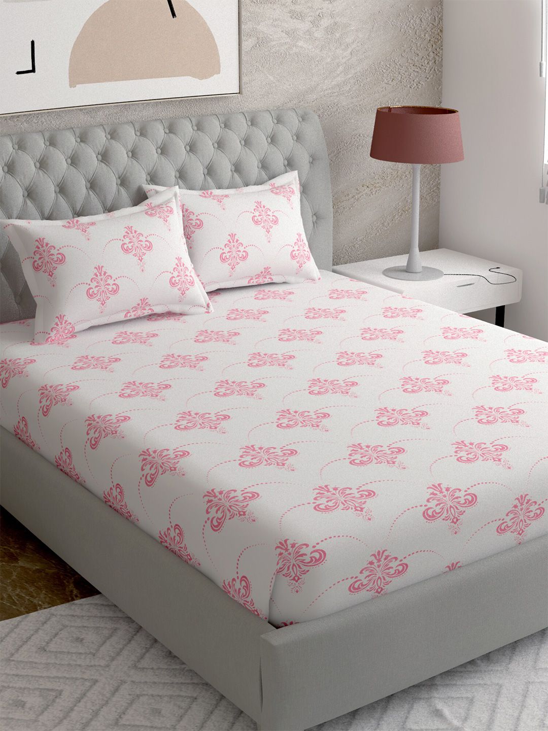 EverHOME White & Pink Ethnic Motifs 260 TC Queen Bedsheet with 2 Pillow Covers Price in India