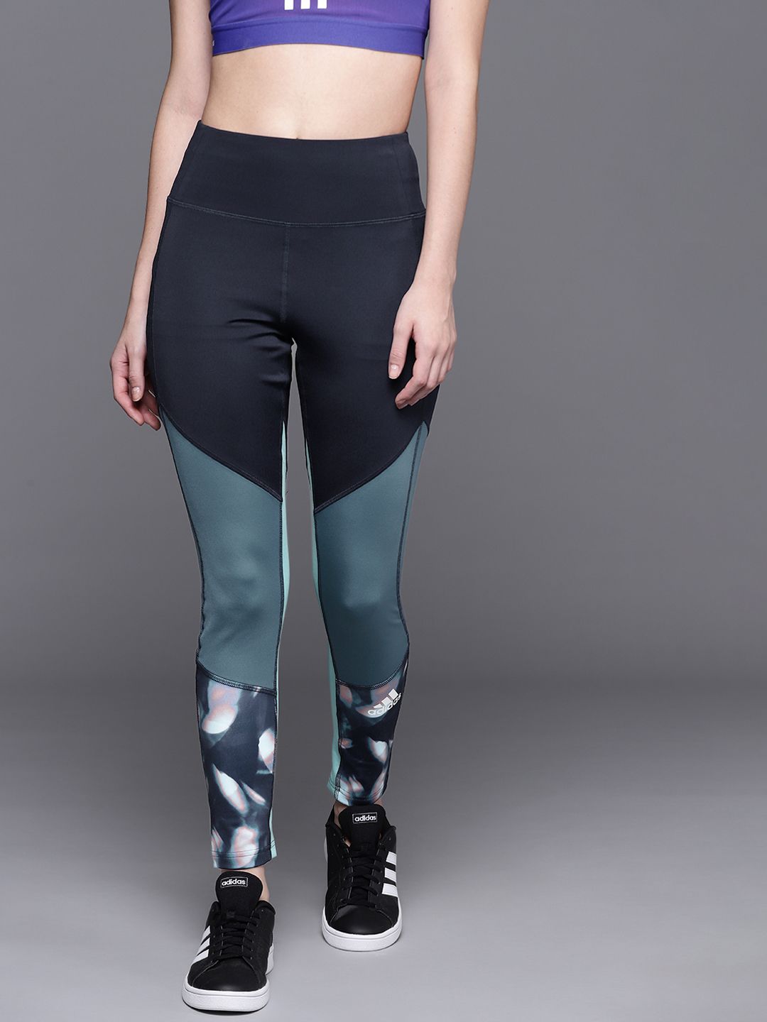 ADIDAS Women Navy Blue & Teal Blue Colourblocked Tights Price in India